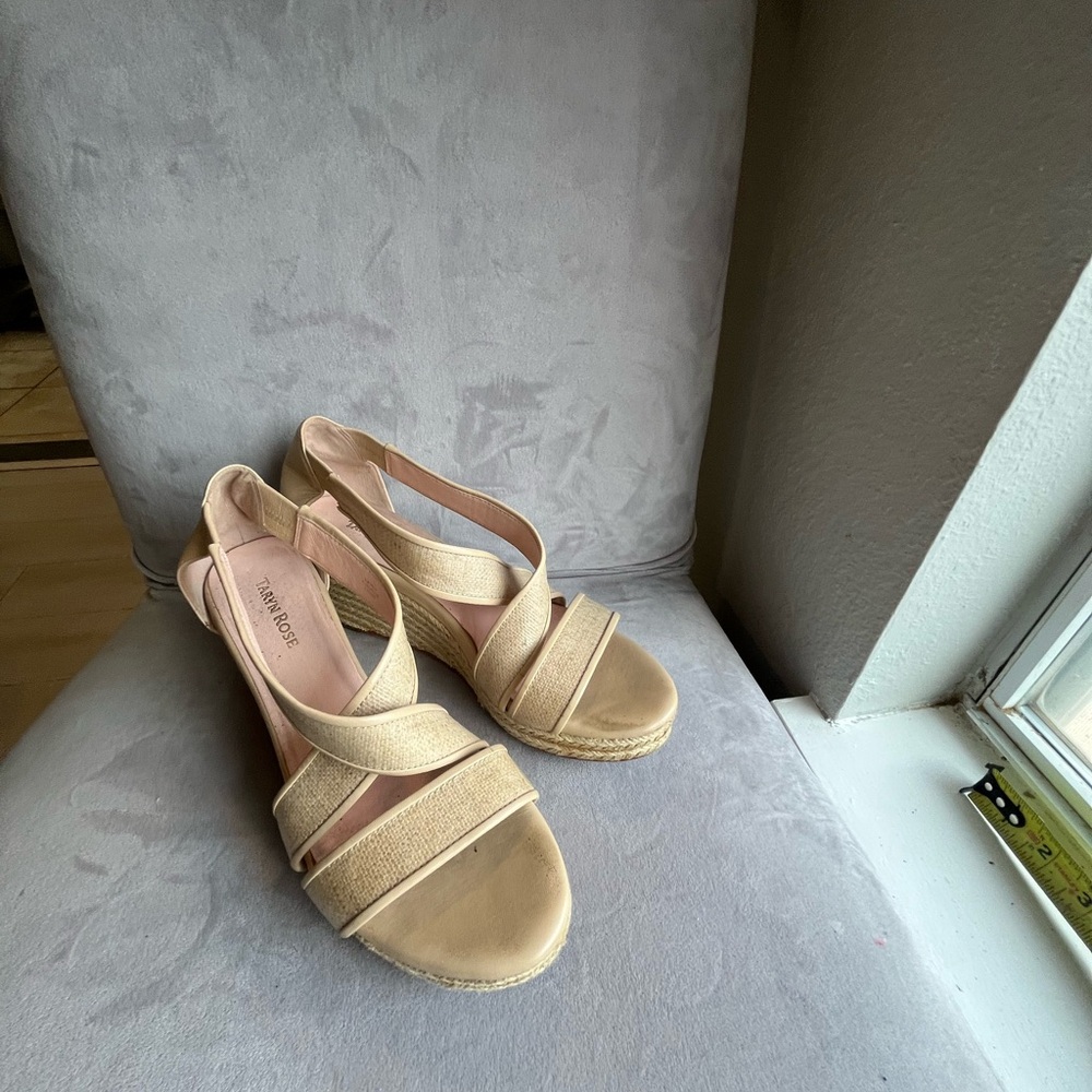 TARYN ROSE KRISSY Natural‎ Linen Designer Espadrille Wedges Sandals size 10